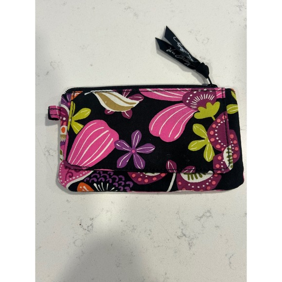 Vera Bradley Night and Day Floral Coin Purse ID Case Wallet Black Pink Zipper - Picture 4 of 6
